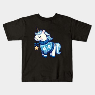 Festive Christmas Unicorn with a Snowflake Sweater and Star Ornament Kids T-Shirt